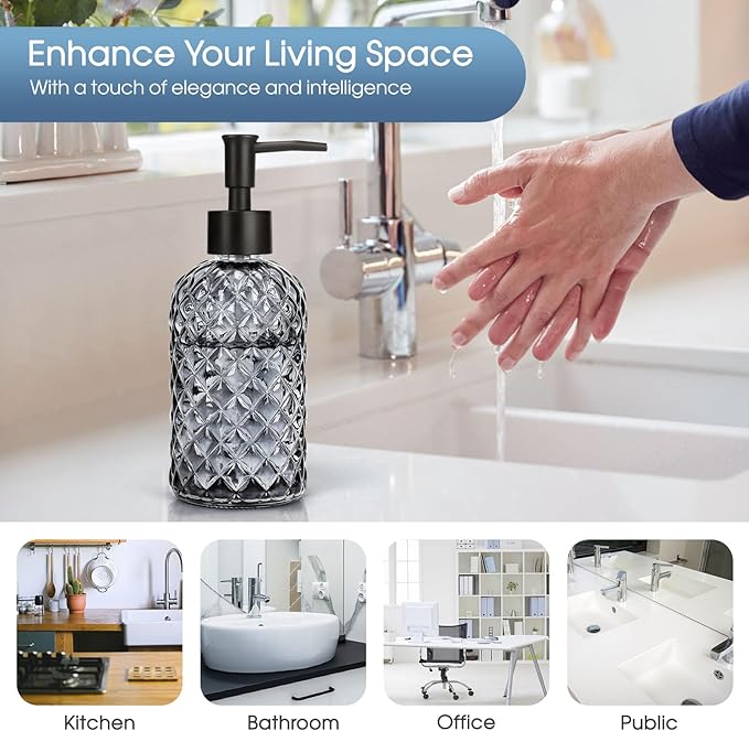 Topsky Gem Glass Soap Dispenser with Black Plastic Pump, 13oz Liquid Hand Soap Dispenser, Rustproof Pump for Kitchen & Bathroom, Great for Lotions, Essential Oil, Liquid Soaps-Gray - Image 6