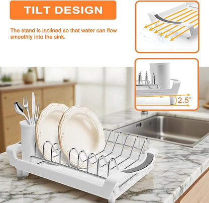 Dish Drying Rack Compact Expandable - A Space-Saving, Stainless Steel, Rust-Resistant Dish Drainer for Kitchen and Apartment Countertops/Sink Cabinets, Extendable from 11.42 to 19.9 inches (White) - Image 2