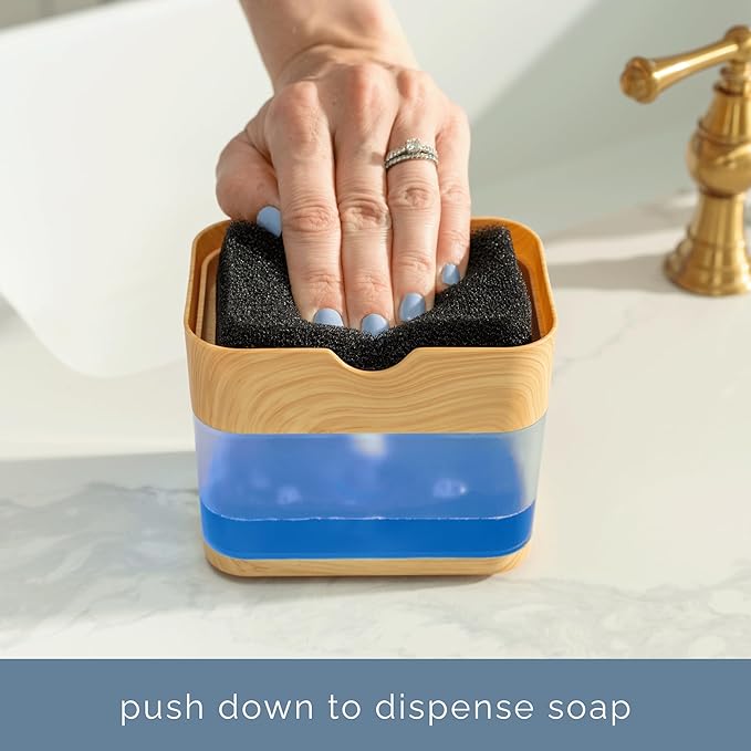 S&T INC. Dish Soap Dispenser and Sponge Holder for Kitchen Sink, Waterproof Labels and Sponge Included, 13 Ounces, Plastic, Bamboo - Image 2