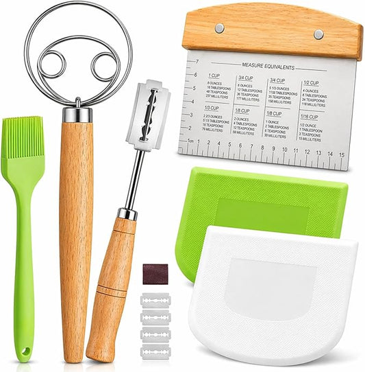 BOORIKA Sourdough Bread Baking Tool Set with Danish Dough Whisk, Bread Lame & Blades, Bench Scraper, Dough Scrapers and Silicone Brush – Sourdough Starter Kit by Boorika