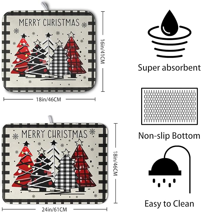 Christmas Trees Kitchen Dish Drying Mat 18x24 Inch Merry Christmas Black White Buffalo Plaid Dish Drainer Mat Absorbent Reversible Microfibe Drying Dish Pad for Winter Kitchen Counter Decor - Image 2