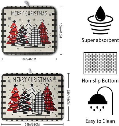 Merry Christmas Dish Drying Mats for Kitchen Counter 16x18 Buffalo Plaid Christmas Tree Microfiber Absorbent Drying Mat Seasonal Winter Holiday Drying Pad Dish Drainer Mat for Coffee Bar Sinks - Image 2