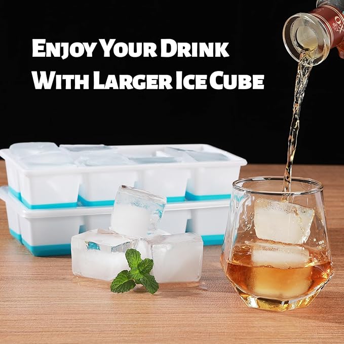 Large Ice Cube Tray with Lid and Bin, Jrisbo Silicone Big Square Ice Cube Molds for Freezer, 3 Pack Stackable Huge Cubed Ice Trays with Ice Tong, Ice Scoop for Whiskey Cocktails Soups Frozen Treats - Image 4