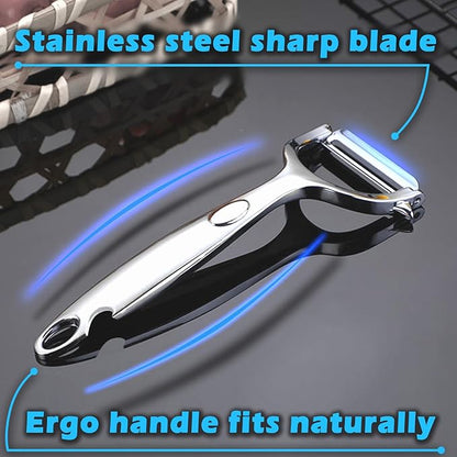 Vegetable Peeler with Bottle Opener, Stainless Steel, Razor-Sharp Blade, Ergonomic Non-Slip Handle, Dishwasher Safe, for Kitchen Peeling Veggie Carrot Fruit Apple
