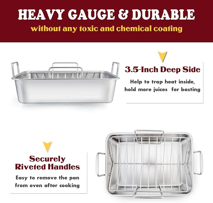 E-far 14 x 10.6 Inch Roasting Pan, Stainless Steel Turkey Roaster with V Rack & Baking Rack Set, Small Heavy Duty Deep Broiling Pan for Oven Cooking Lasagna Meat Chicken - Dishwasher Safe