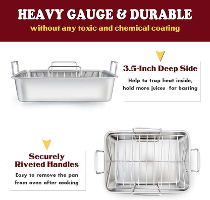 E-far 14 x 10.6 Inch Roasting Pan, Stainless Steel Turkey Roaster with V Rack & Baking Rack Set, Small Heavy Duty Deep Broiling Pan for Oven Cooking Lasagna Meat Chicken - Dishwasher Safe