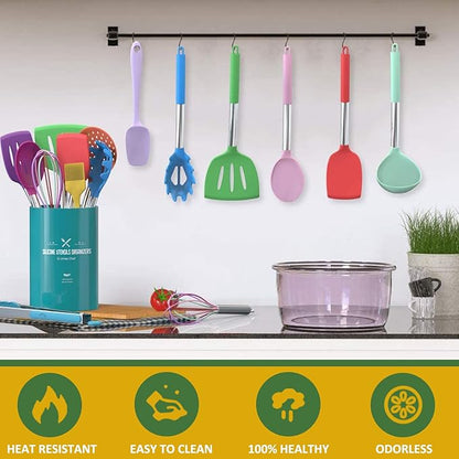 Umite Chef Kitchen Utensils Set, 15 pcs Silicone Cooking Kitchen Utensils Set, Non-stick Silicone Stainless Steel Handle Turner Spatula Spoon Tongs Whisk Cookware - Colorful - Image 5