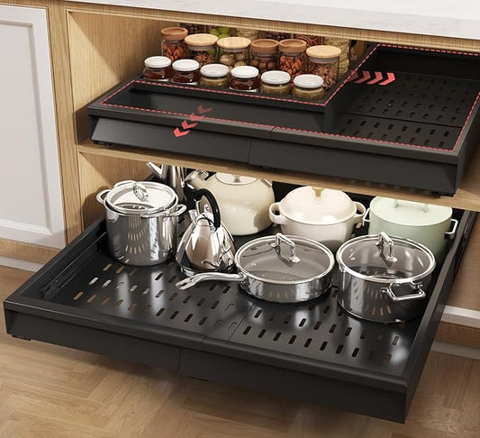 Seinloes 2 Pack Pull Out Cabinet Organizer With Raising Pad for Framed Cabinets,Expandable Width (15"-25") and Depth (17"-24"),3 Slide Rails Slide Out Drawers with Handle,No-Drill Roll Out Shelf,Black by Seinloes