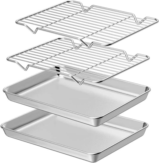 Wildone Baking Sheet with Rack Set [2 Sheets + 2 Racks], Stainless Steel Cookie Pan baking Tray with Cooling Rack, Size 9 x 7 x 1 Inch, Non Toxic & Heavy Duty & Easy Clean by Wildone