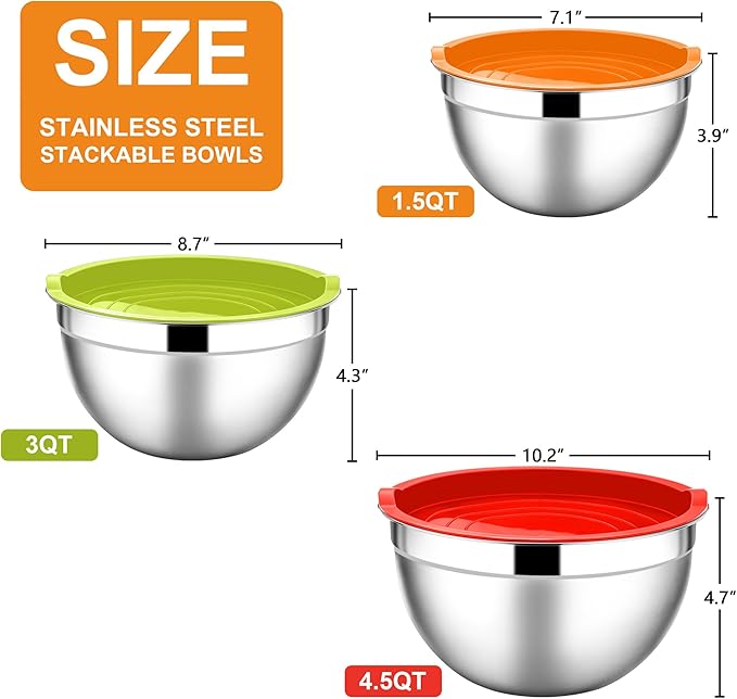 E-far Mixing Bowls with Lids, 6-Piece Stainless Steel Salad Bowls Metal Nesting Bowls for Baking Cooking and Prepping, Airtight Lids & Stackable Design, Size 4.5, 3, 1.5 QT (Colorful) - Image 2