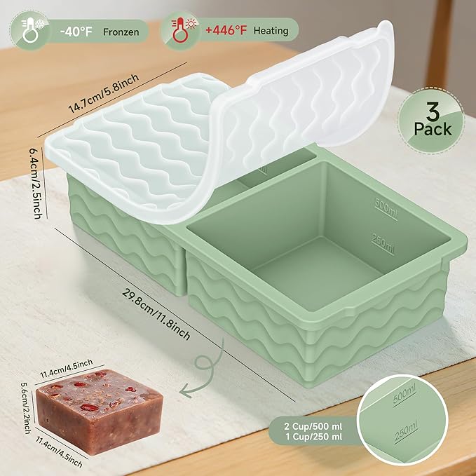 3-Pack Silicone Freezer Trays with Lid, Soup Freezer Container Molds, Silicone Freezer Molds, Ice Cube Tray for freezing Soup Sauce Broth Leftovers, Dishwasher & Oven Safe, BPA Free (2-cup,green)