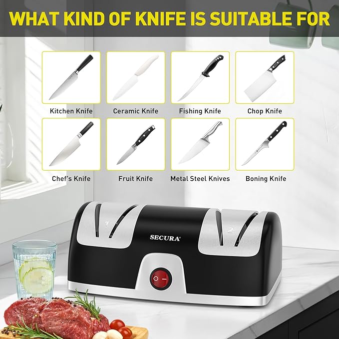 Secura 2-Stage Electric Knife Sharpener with Diamond Abrasives and Precision Angle Guides, Professional Sharpening Tool for Kitchen Straight Edge and Ceramic Knife, Black - Image 4