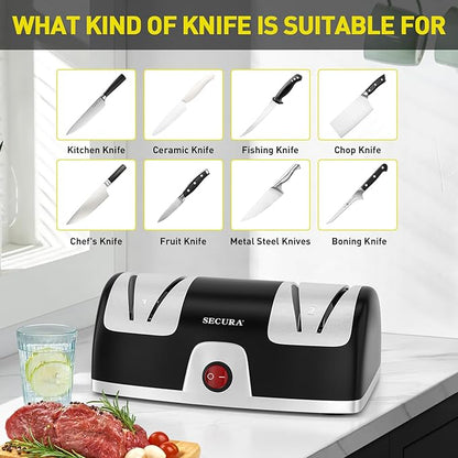 Secura 2-Stage Electric Knife Sharpener with Diamond Abrasives and Precision Angle Guides, Professional Sharpening Tool for Kitchen Straight Edge and Ceramic Knife, Black - Image 4