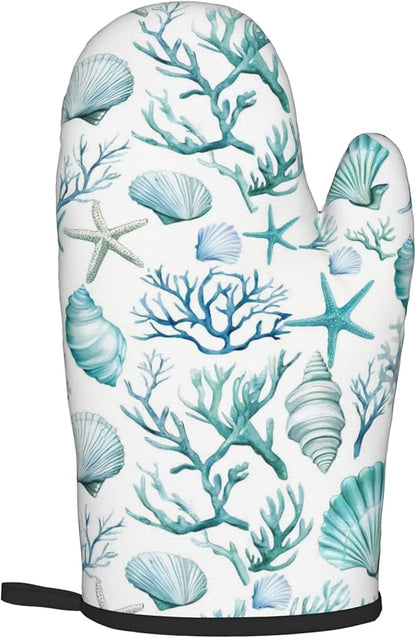 Nautical Oven Mitts and Pot Holders Sets Coastal Kitchen Mitts Potholders 2PCS Summer Starfish Seashell Coral Beach Oven Gloves Hot Pads for BBQ Grilling - Image 8