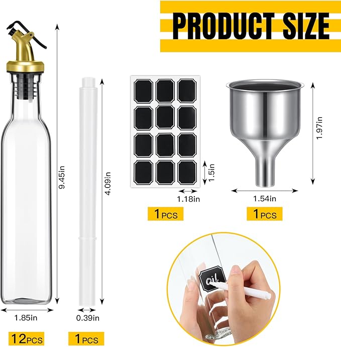 Hushee 12 Pcs Clear Glass Olive Oil Dispenser Bottles Sets Include 8oz Glass Bottle with Spout Oil Vinegar Cruet Container for Kitchen Stainless Steel Funnel Black Labels with White Pen(Gold) - Image 2