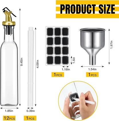 Hushee 12 Pcs Clear Glass Olive Oil Dispenser Bottles Sets Include 8oz Glass Bottle with Spout Oil Vinegar Cruet Container for Kitchen Stainless Steel Funnel Black Labels with White Pen(Gold) - Image 2