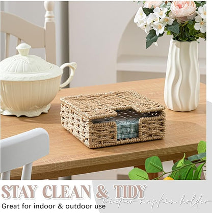 Threehoney Woven Paper Rope Napkin Holder with Lid for Outdoor Picnic Table, Flat Square Napkin Basket for Dinner Kitchen Camping Farmhouse, 7 x 7 Inch