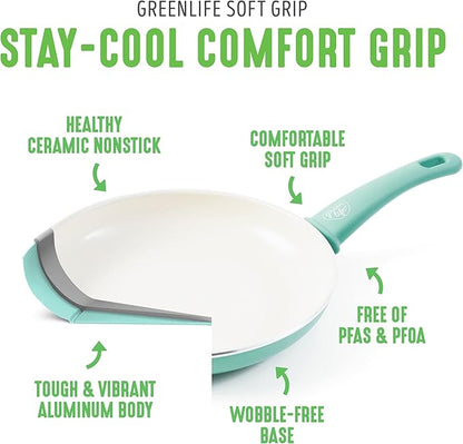 GreenLife Soft Grip Healthy Ceramic Nonstick 18 Piece Kitchen Cookware Pots and Frying Sauce Saute Pans Set, PFAS-Free with Kitchen Utensils and Lid, Dishwasher Safe, Turquoise