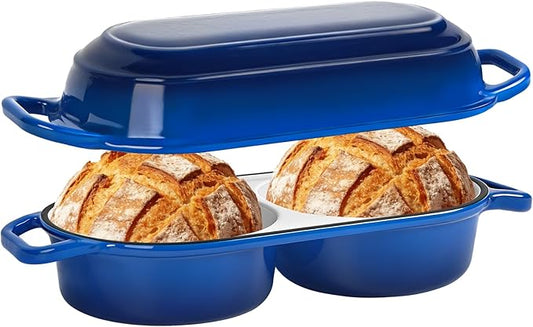 Mini Double Dutch Oven For Sourdough Bread Baking, 2.2QT Enameled Cast Iron Dutch Oven Pot With Lid, Non Stick Dual Round Bread Loaf Pan, 500°F Oven Safe, Sourdough Baking Pan For Homemade Baking