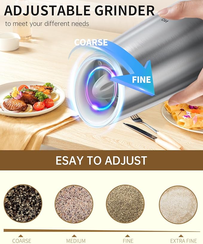 CIRCLE JOY Rechargeable Gravity Electric Salt and Pepper Grinder Set, Stainless Steels Salt and Pepper Mills with LED Light, No Battery Needed, Adjustable Coarseness, Washable 135ml Container, Silver - Image 5