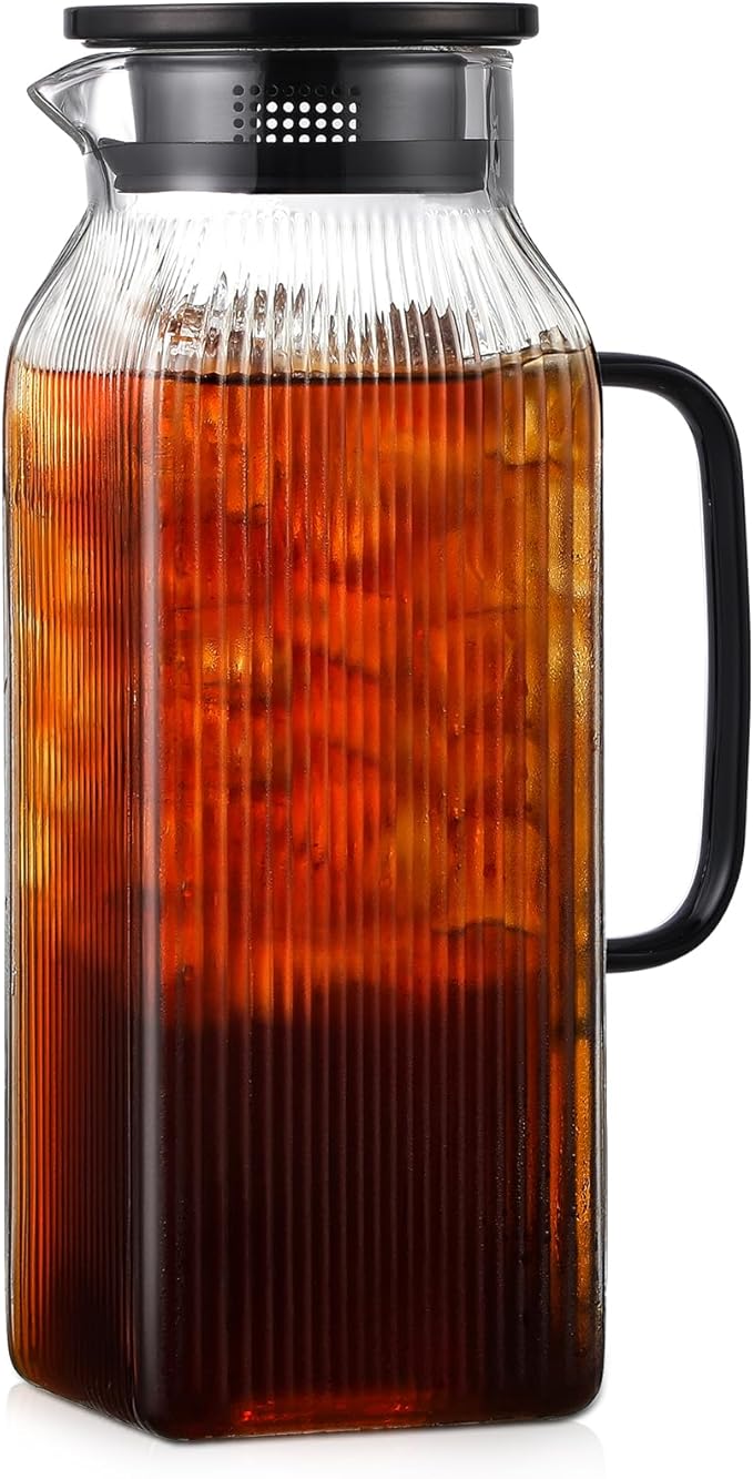 2 Liter/68 oz Square Glass Pitcher with Lid, Classic Stripes Water Pitchers with Handle for Fridge, Large Jug for Iced Tea, Coffee, Borosilicate Glass Carafe for Hot/Cold Brew Drink, Black by Unknown