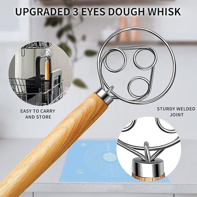 TEEVEA Danish Dough Whisk for Bread Sourdough, Wooden Handle & Stainless Steel Hook - Image 2