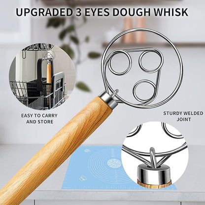 TEEVEA Danish Dough Whisk for Bread Sourdough, Wooden Handle & Stainless Steel Hook - Image 2