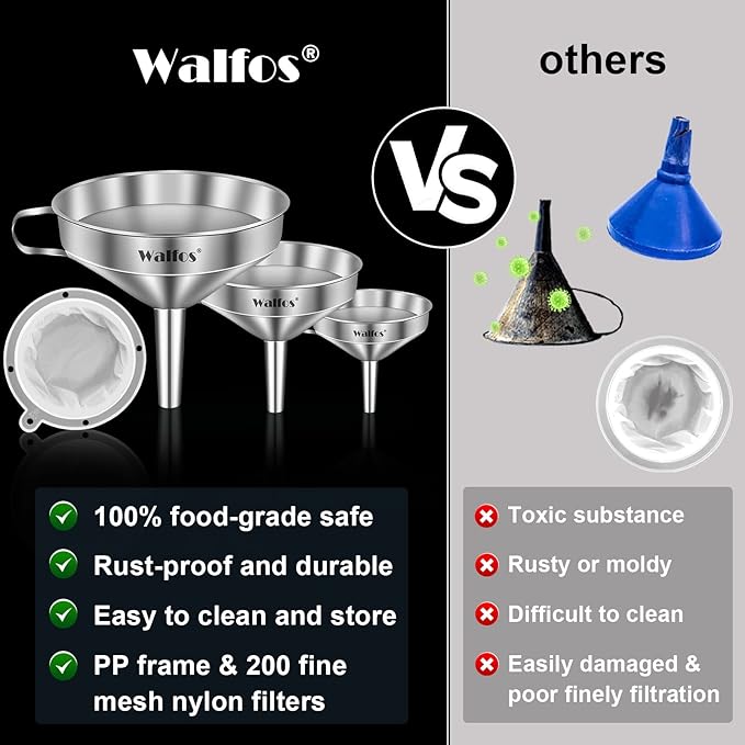 Walfos 3Pcs Kitchen Funnel with 2 Removable Strainer ＆ 1 Cleaning Brush & 1Pc 200 Mesh Food Filter Strainer, Food Grade Stainless Steel Funnel for Transferring of Liquid, Oils, Jam, Dry Ingredients - Image 4