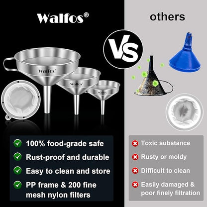 Walfos 3Pcs Kitchen Funnel with 2 Removable Strainer ＆ 1 Cleaning Brush & 1Pc 200 Mesh Food Filter Strainer, Food Grade Stainless Steel Funnel for Transferring of Liquid, Oils, Jam, Dry Ingredients - Image 4