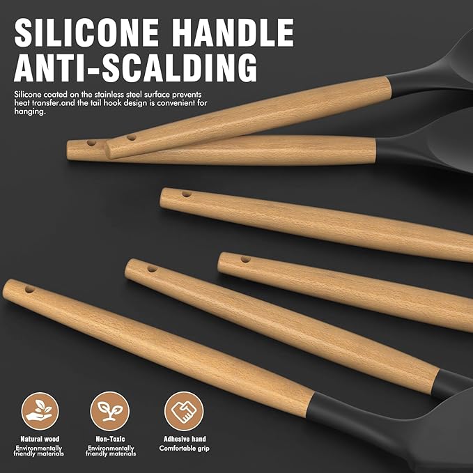 Silicone Cooking Utensils Set Utensil Sets - 446°F Heat Resistant Silicone Kitchen Utensils Set Wooden Handles, Silicone Utensils for Cooking w Holder for Non-Stick Cookware BPA FREE (Black) - Image 2