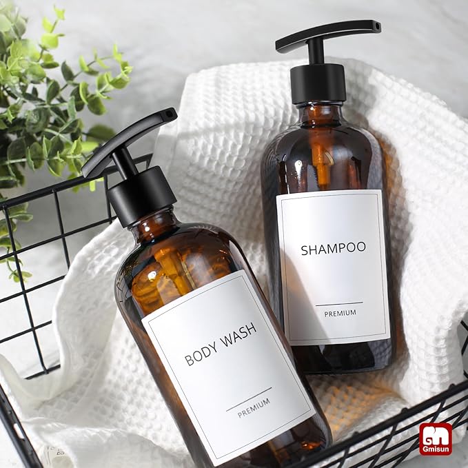 GMISUN Amber Glass Soap Dispenser, 2 Pack Bathroom Hand Soap Dispensers with Stainless Steel Pump, 17 Fl Oz Kitchen Hand and Dish Soap Dispenser Set, Modern Vintage Liquid Brown Soap Dispensers Bottle - Image 7