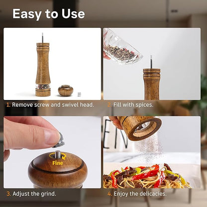 Wooden Salt and Pepper Grinder Set, Premium Oak Wood Salt Grinders Shakers, Pepper Mill with Acrylic Clear Window, Adjustable Ceramic Grinder - 8 inches, 2 Pack