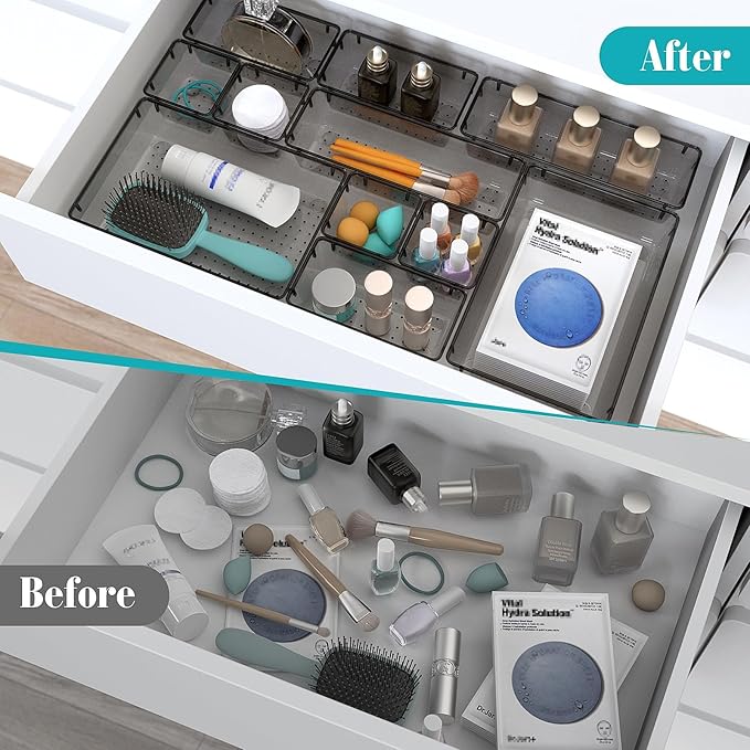 StorMiracle 28 PCS Clear Plastic Drawer Organizers Set, 4 Size Desk Drawer Organizer Trays for Makeup, Jewelry, Kitchen Utensils, Gadgets and Office Accessories, Black - Image 4