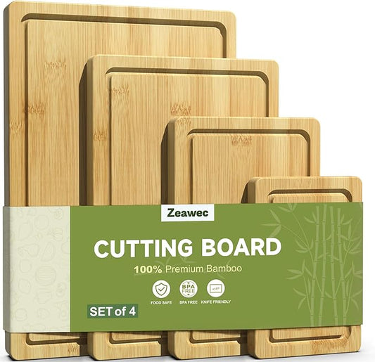 4-Piece Set Bamboo Cutting Board for Kitchen - Crack-Resistant Wood Chopping Boards with Deep Juice Grooves, Pre-Oiled Butcher Block for Meat, Vegetables & Cheese, Natural by Unknown