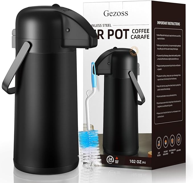 Coffee Carafe for Keeping Hot - Gezoss 102OZ / 3L Airpot Coffee Dispenser with Pump - Large Coffee Carafe for Hot Drinks Tea Liquid - Insulated Stainless Steel Hot Water Beverage for Parties,Black - Image 9