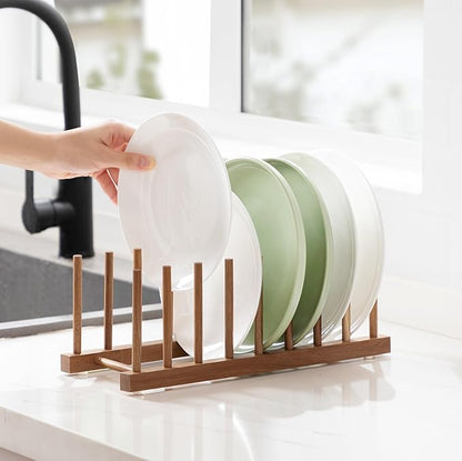 HBlife 4pcs Acacia Wooden Dish Dying Rack Pot Lid Plate Organizer Holder for Cabinet, Cutting Board Stand Drainer Storage Plate Rack for Dish, Pot Lid, Bowl, Cup, Cutting Board and Books - Image 6