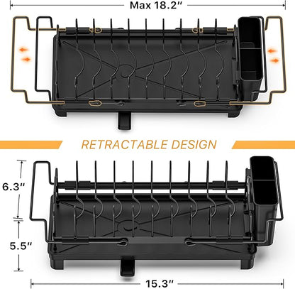 masadi Small Dish Drying Rack - Expandable Sink Dish Drying Rack Over Sinks with Drying Tray, Dish Drainer for Kitchen Counter with Adjustable Cutlery Holder, Space-Saving for Small Kitchens, Black
