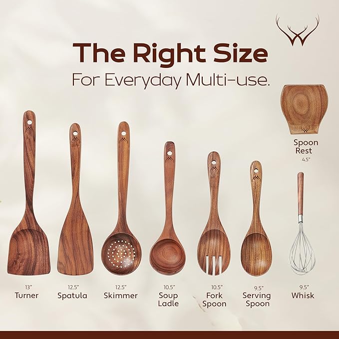 8 Pcs Teak Wooden Utensil Set – Premium Wooden Cooking Utensils Set, Natural Wooden Spoons for Cooking - Sturdy Kitchen Utensils & Cooking Spoons for Every Chef - Image 6