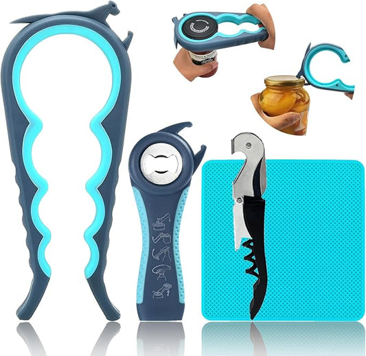 Otstar Jar Opener & Bottle Opener Set for Weak Hands - Multi-Function Kitchen Opener Tool for Seniors with Arthritis, Elderly - Includes Jar Lid Gripper Pad, Corkscrew Opener by Otstar
