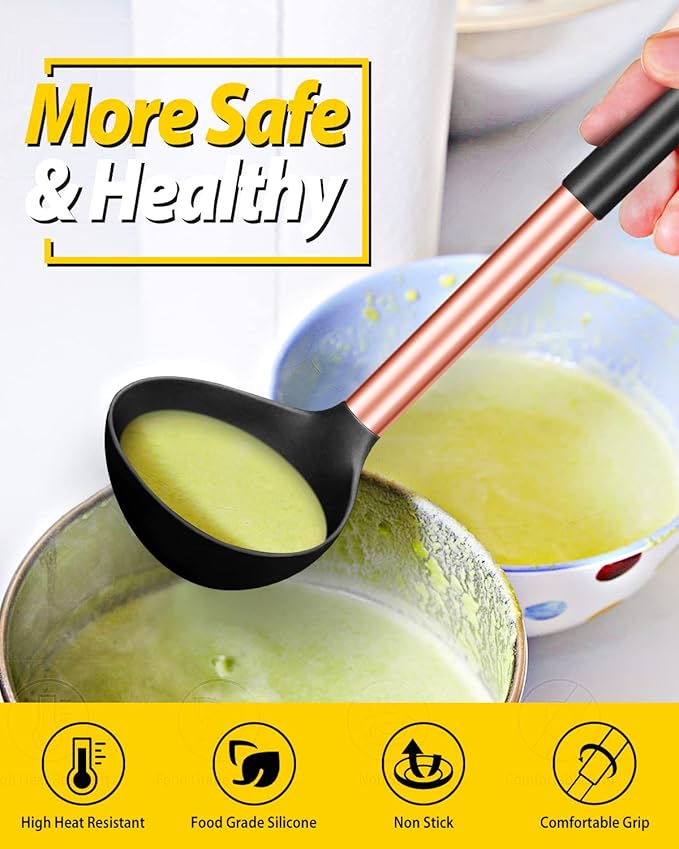 Pack of 2 Ladle Spoon,Silicone Large Spoon for Soup,Non Stick Kitchen Utensils with High Heat Resistant,BPA Free Perfect Kitchen Tools for Cooking, Stirring,Serving Soups (ROSE GOLD BLACK-KHAKI) - Image 4