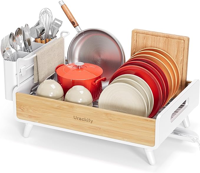 Urackify Dish Drying Rack for Kitchen Counter - Stainless Steel & Bamboo Dish Rack with Large Removable Utensil Holder, Dish Drainer with Adjustable Automatic Spout, White by Urackify
