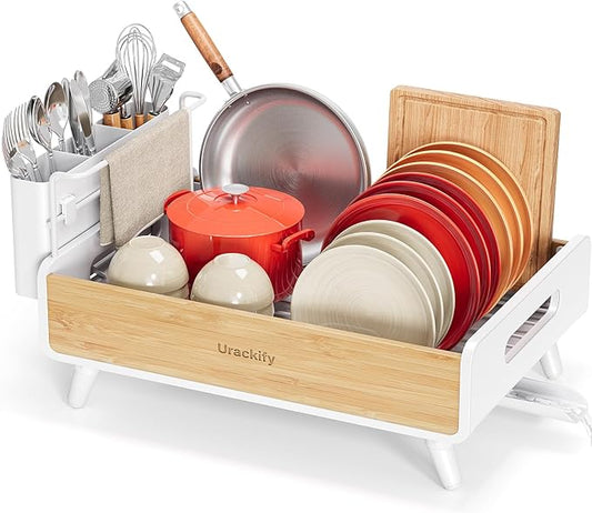 Urackify Dish Drying Rack for Kitchen Counter - Stainless Steel & Bamboo Dish Rack with Large Removable Utensil Holder, Dish Drainer with Adjustable Automatic Spout, White by Urackify