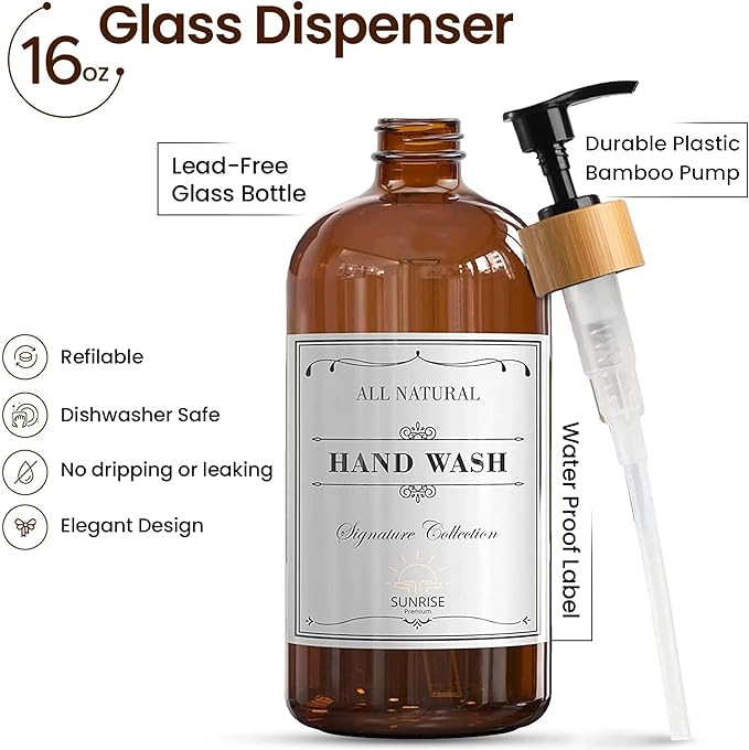 Sunrise Premium 16 OZ Thick Amber Glass Soap Dispenser, Bamboo Pump with Tray 4 Pack, Hand and Dish Soap Dispenser Set for Bathroom with 12 Waterproof Labels - Image 2