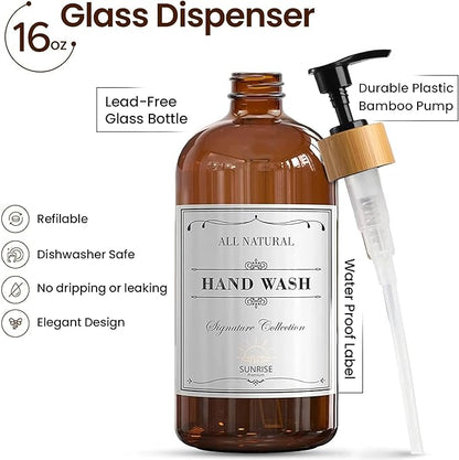 Sunrise Premium 16 OZ Thick Amber Glass Soap Dispenser, Bamboo Pump with Tray 2 Pack, Hand and Dish Soap Dispenser Set for Bathroom with 6 Waterproof Labels - Image 2