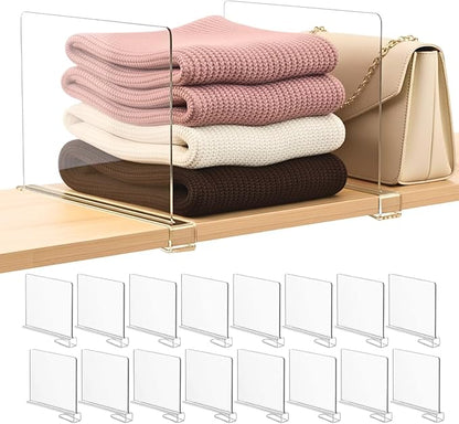 SortNStore Shelf Dividers Purse Organizer for Closet: 16-Pack Acrylic Bag Storage Organizer for Handbags, Clutches, Clothes, Sweater, Towel on Wood Shelves