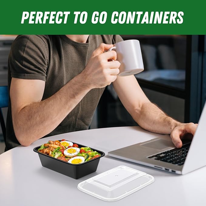 Dealusy 50 Pack (100-Piece) 24 oz Meal Prep Containers Reusable with Lids, Sturdy Leakproof & Food Safe, Microwave, Freezer, Dishwasher Safe Prep Containers, To Go Take Out Plastic Food Storage - Image 7