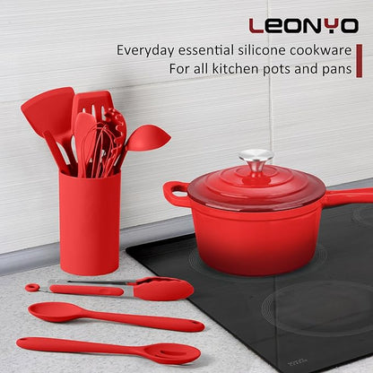Silicone Cooking Utensils Set of 10, Kitchen Utensils Set for Cooking, 446°F Heat Resistant Silicone Kitchen Tools with Turner Spatula, Soup Ladle, Serving Spoons, Tongs for Nonstick Cookware - Red