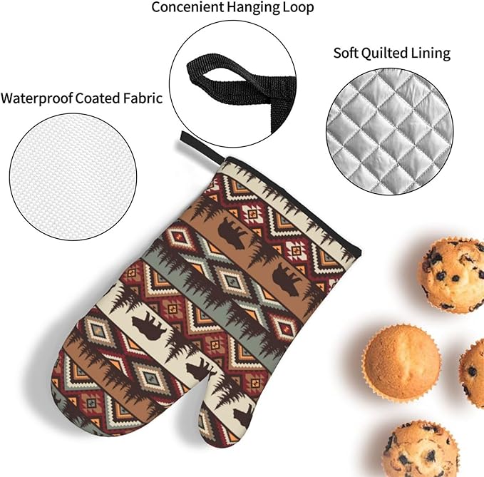 Vintage Rustic Oven Mitts and Pot Holders Sets of 3 Heat Resistant Hot Pads Bear Mountain Oven Gloves for Kitchen Cooking BBQ Baking - Image 5
