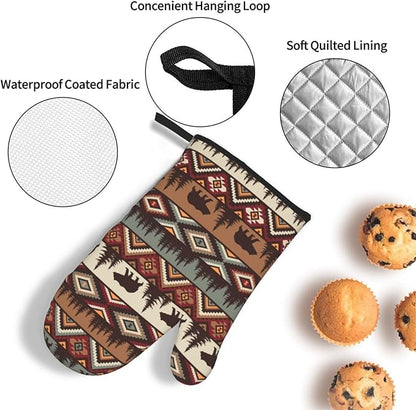 Vintage Rustic Oven Mitts and Pot Holders Sets of 3 Heat Resistant Hot Pads Bear Mountain Oven Gloves for Kitchen Cooking BBQ Baking - Image 5