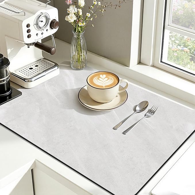 Findosom Dish Drying Mat, 12"x 20" Super Absorbent & Hide Stain Coffee Mat, Cuttable Drying Mat for Kitchen Counter, Coffee Bar Accessories, Under Dish Rack, Espresso Machine, LightGrey-2 by Findosom